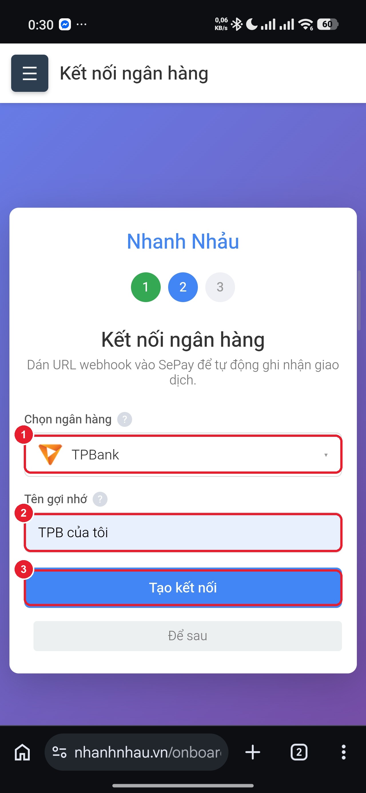 Màn "Chọn ngân hàng muốn nối" — ô chọn ngân hàng, ô tên gợi nhớ, nút "Tạo kết nối"