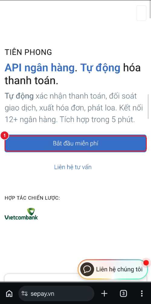 Trang chủ sepay.vn — nút "Bắt đầu miễn phí"