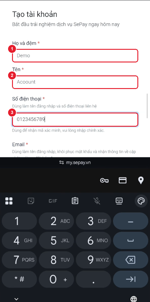 Form đăng ký SePay — Họ và đệm, Tên, Số điện thoại