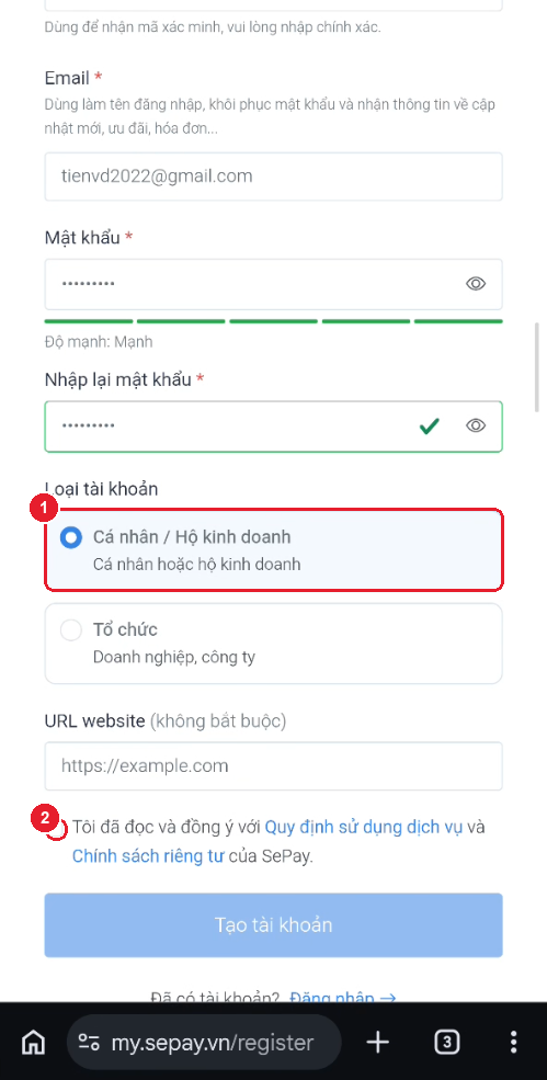 Chọn loại tài khoản Cá nhân / Hộ kinh doanh và ô tick điều khoản