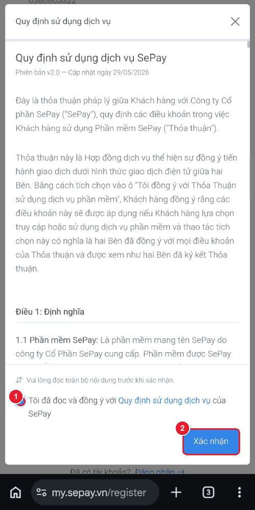 Modal điều khoản SePay — tick đồng ý rồi bấm "Xác nhận"