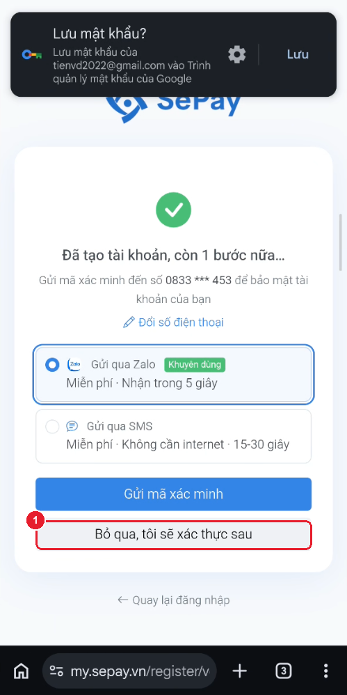 Màn xác minh số điện thoại — nút "Bỏ qua, tôi sẽ xác thực sau"