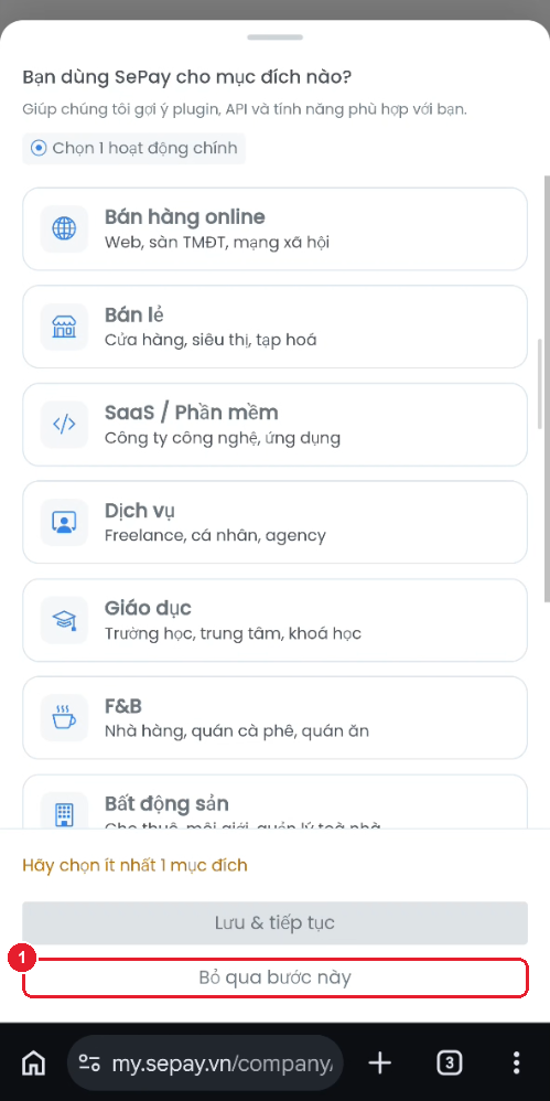 Khảo sát mục đích sử dụng — nút "Bỏ qua bước này"