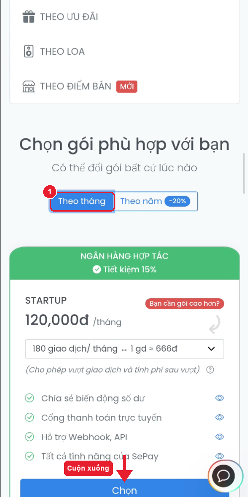 Bảng giá SePay — bấm "Theo tháng" rồi cuộn xuống tìm gói FREE