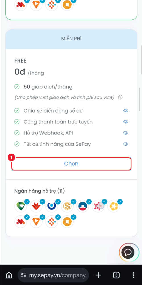Thẻ gói FREE 0đ — nút "Chọn"