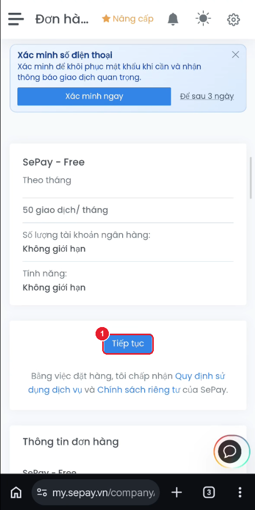 Xác nhận đơn hàng gói Free — nút "Tiếp tục"