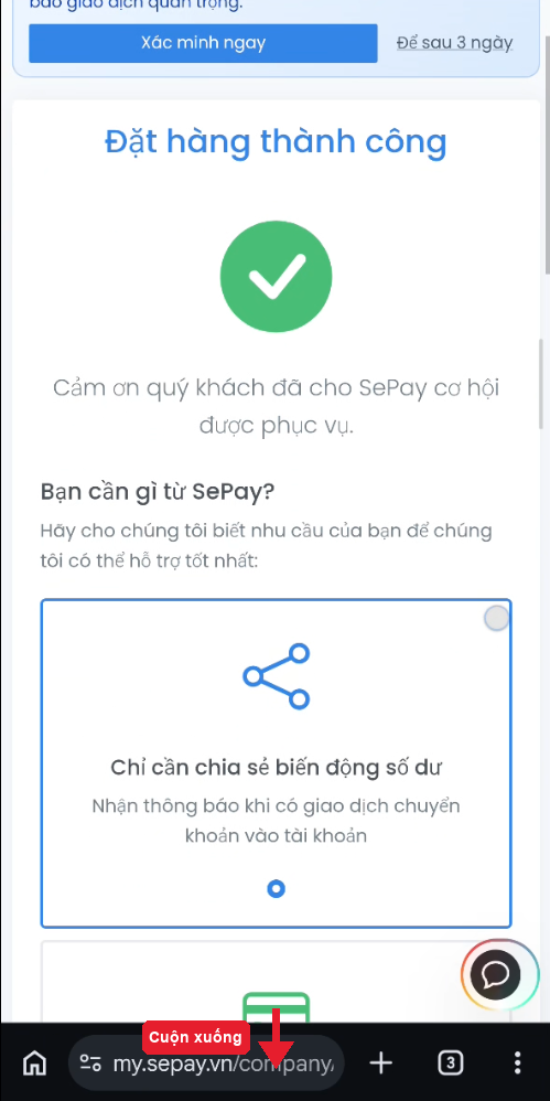 Màn "Đặt hàng thành công" kèm khảo sát nhu cầu