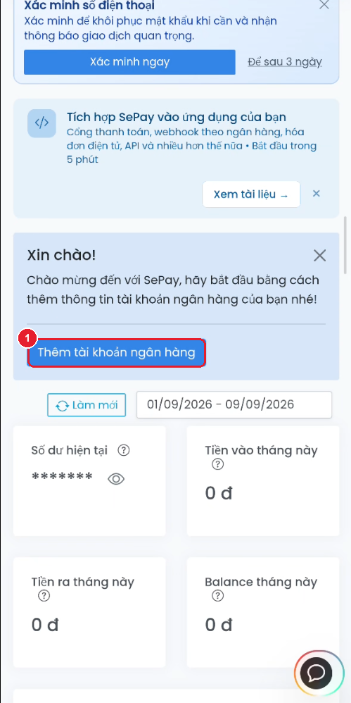 Dashboard SePay — nút "Thêm tài khoản ngân hàng"