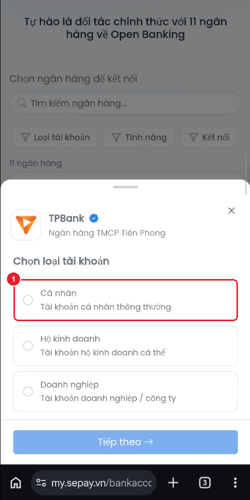 Chọn loại tài khoản "Cá nhân"