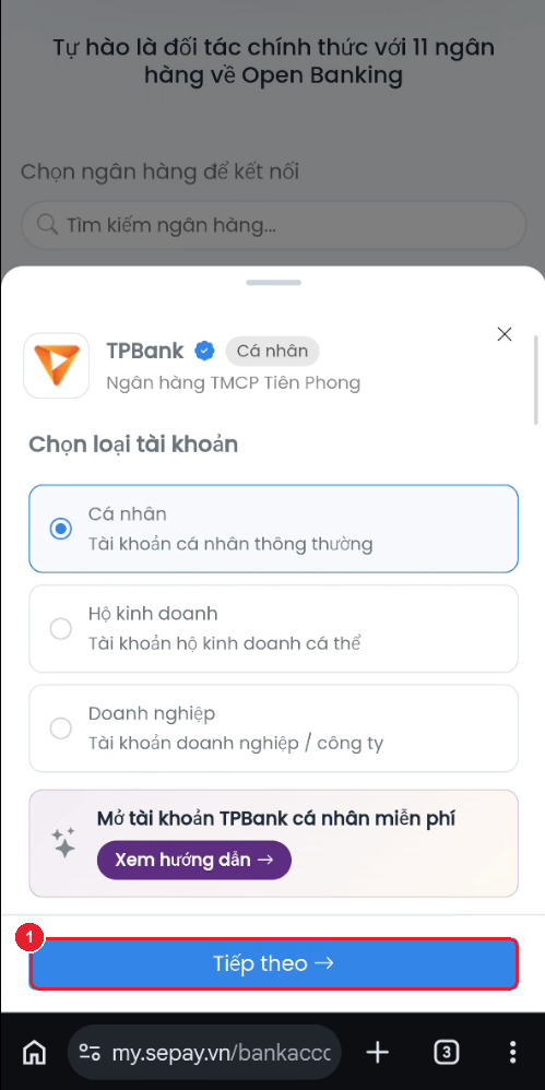 Đã chọn Cá nhân — bấm "Tiếp theo"