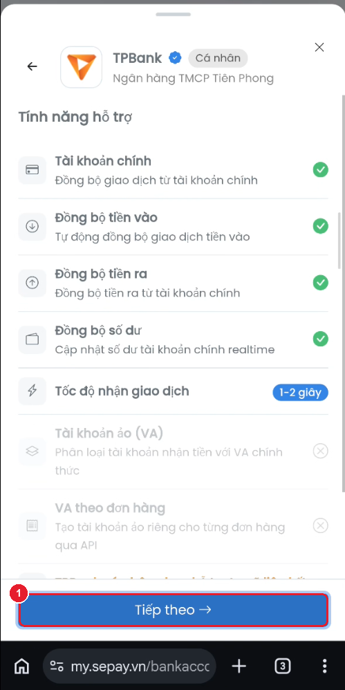 Danh sách tính năng ngân hàng hỗ trợ — bấm "Tiếp theo"