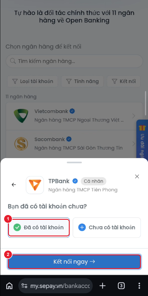 Câu hỏi "Bạn đã có tài khoản chưa?" — chọn "Đã có tài khoản" rồi "Kết nối ngay"