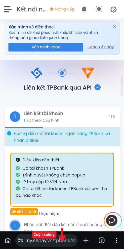 Màn điều kiện liên kết (bước 1/3) — đọc rồi cuộn xuống