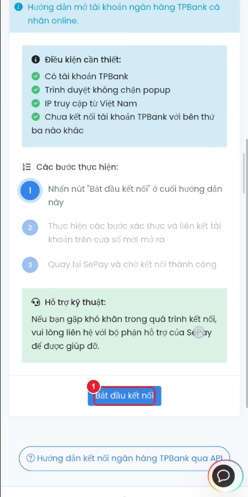 Cuối màn điều kiện — nút "Bắt đầu kết nối"