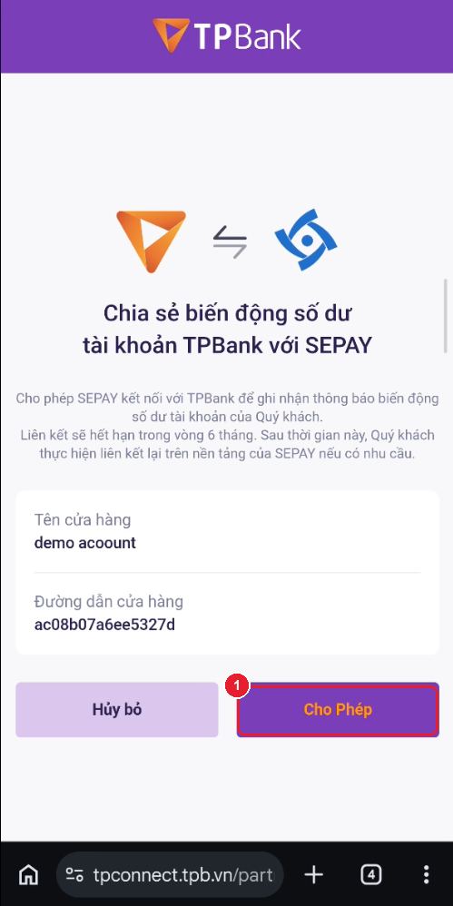 Ngân hàng hỏi quyền chia sẻ biến động số dư — nút "Cho Phép"