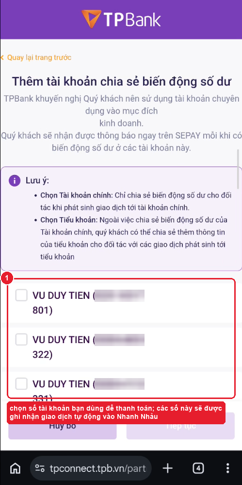 Danh sách số tài khoản — tick tài khoản bạn dùng để thu chi