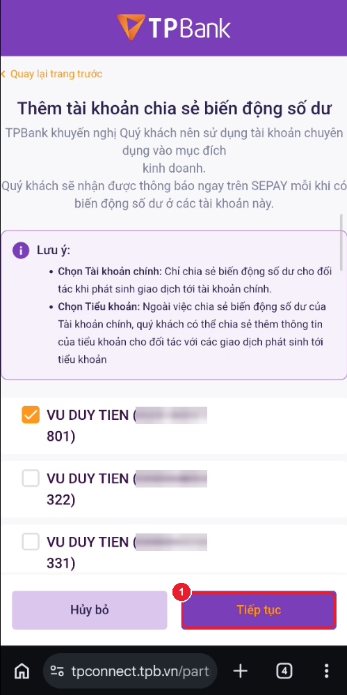 Đã tick tài khoản — bấm "Tiếp tục"