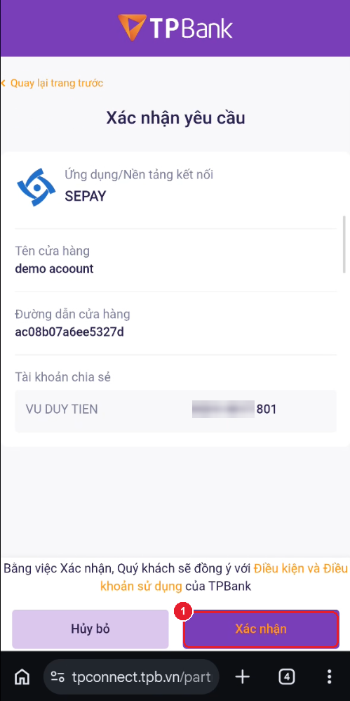 Màn xác nhận yêu cầu liên kết — nút "Xác nhận"