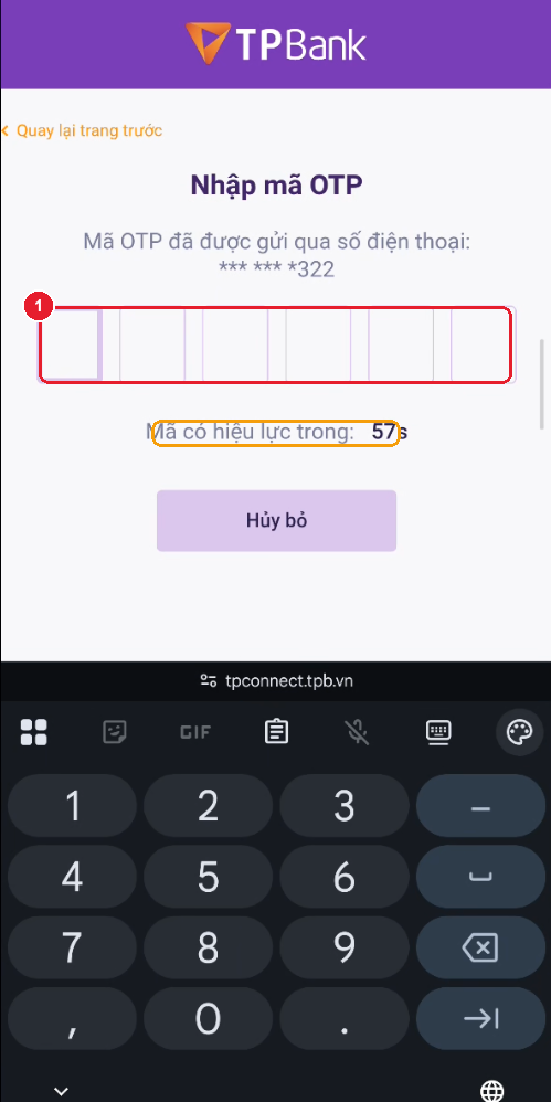 Màn nhập mã OTP