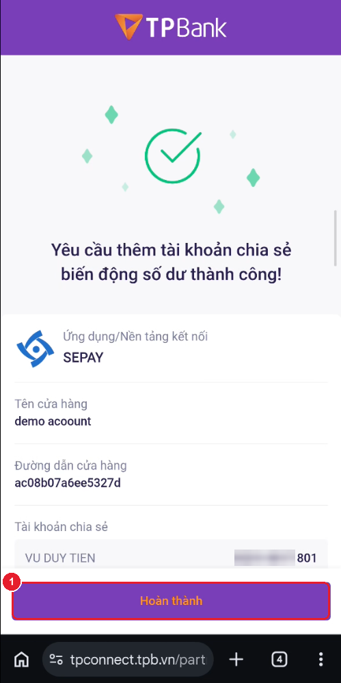 Ngân hàng báo liên kết thành công — nút "Hoàn thành"