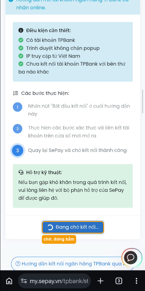 Tab SePay đang chờ kết quả liên kết