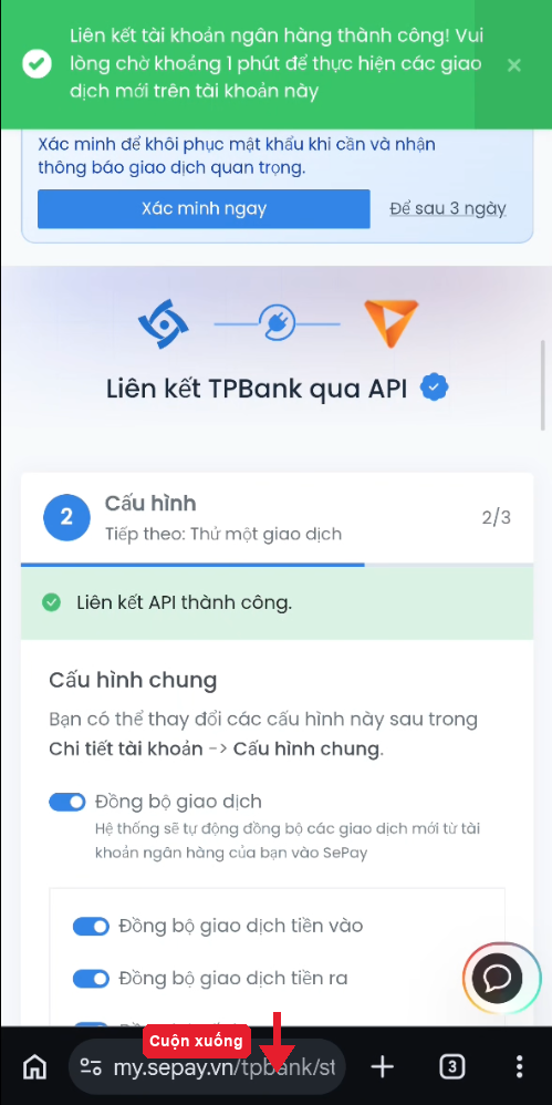 Màn "Liên kết thành công" bước 2/3 — cuộn xuống tới phần cấu hình