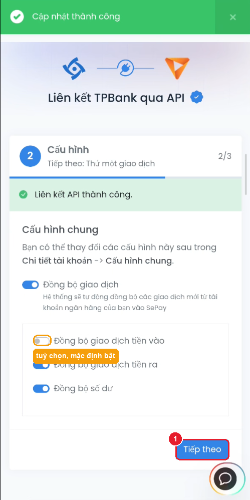 Các công tắc đồng bộ và nút "Tiếp theo"