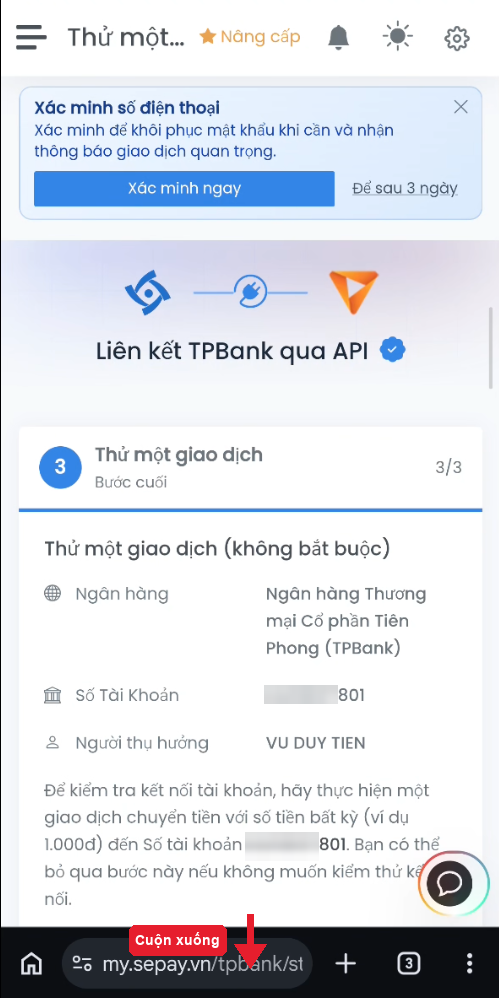 Bước 3/3 có QR chuyển thử — bỏ qua phần này