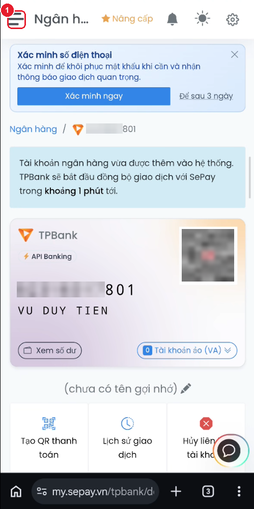 Danh sách tài khoản ngân hàng đã nối trong SePay, nhãn "API Banking"