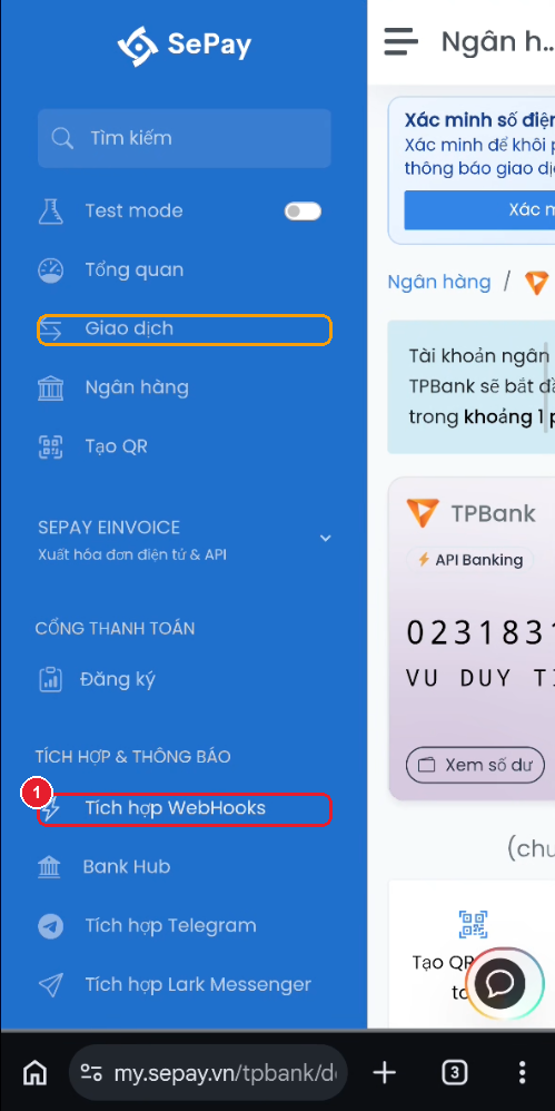 Menu SePay — mục "Tích hợp WebHooks"