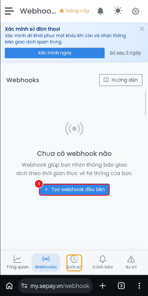 Danh sách webhook trống — nút "+ Tạo webhook đầu tiên"