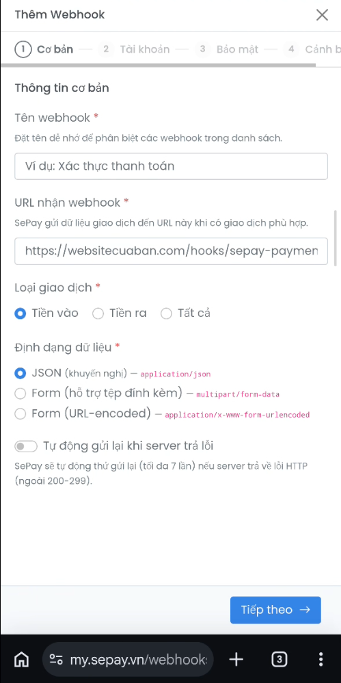 Form thêm webhook bước 1 — chưa điền gì
