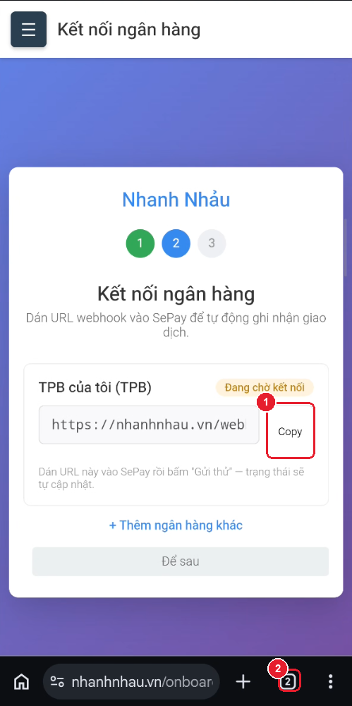 Quay lại ứng dụng, bấm "Copy" ở URL webhook