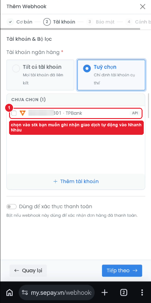 Danh sách tài khoản — tick số tài khoản muốn ghi nhận giao dịch
