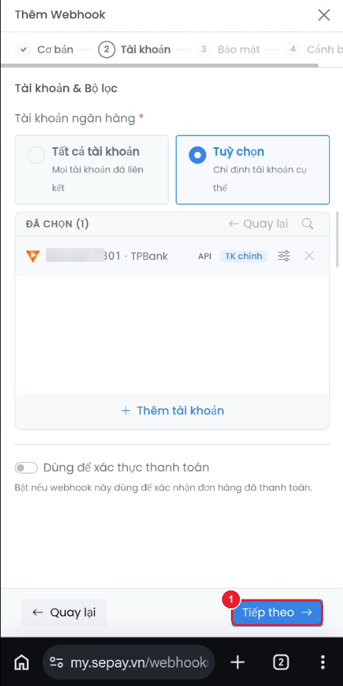 Đã chọn tài khoản — bấm "Tiếp theo"