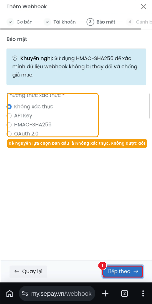 Bước 3 "Bảo mật" — để nguyên "Không xác thực", bấm "Tiếp theo"