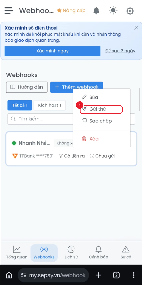 Menu của webhook — mục "Gửi thử"