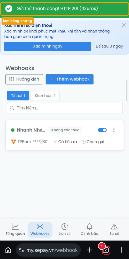 Kết quả gửi thử HTTP 201 thành công