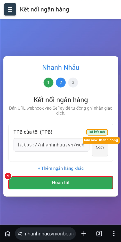 Nhãn xanh "Đã kết nối" — nút "Hoàn tất"